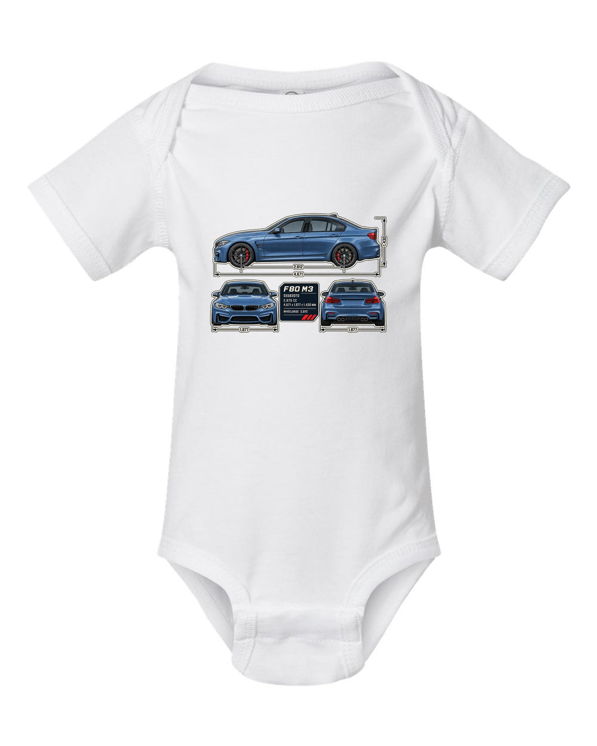 BMW M3 F80 dimension blueprint print with measurements white baby onesie front view with the design