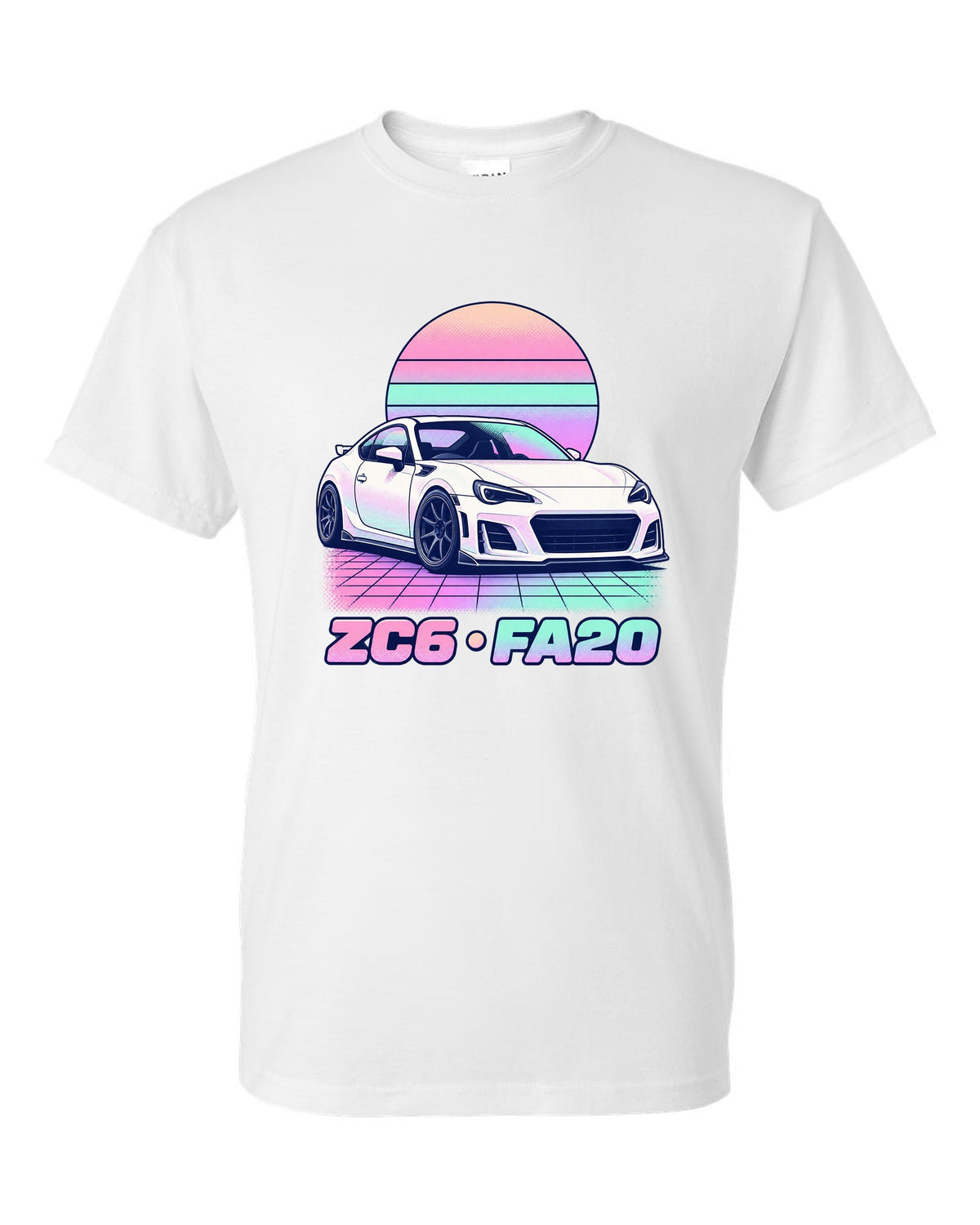 Subaru BRZ ZD8 round varsity crest print, ZD8 / FA24 / 2022 white t-shirt front view with the design