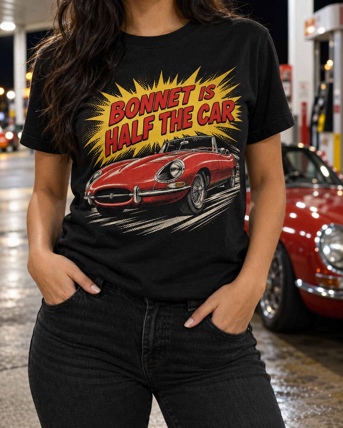 Jaguar E-Type Series 1 Long Bonnet Pop Art Halftone Tee T-Shirt Black worn hero
