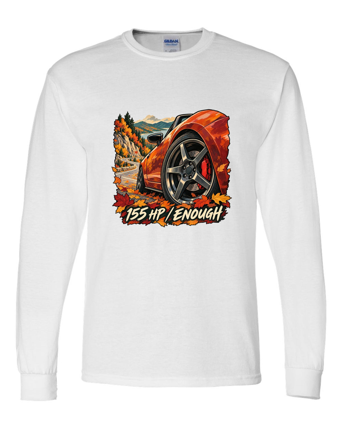 Painterly gouache illustration of a Mazda MX-5 ND on an autumn road with 155 HP / ENOUGH lettering white long sleeve front view with the design