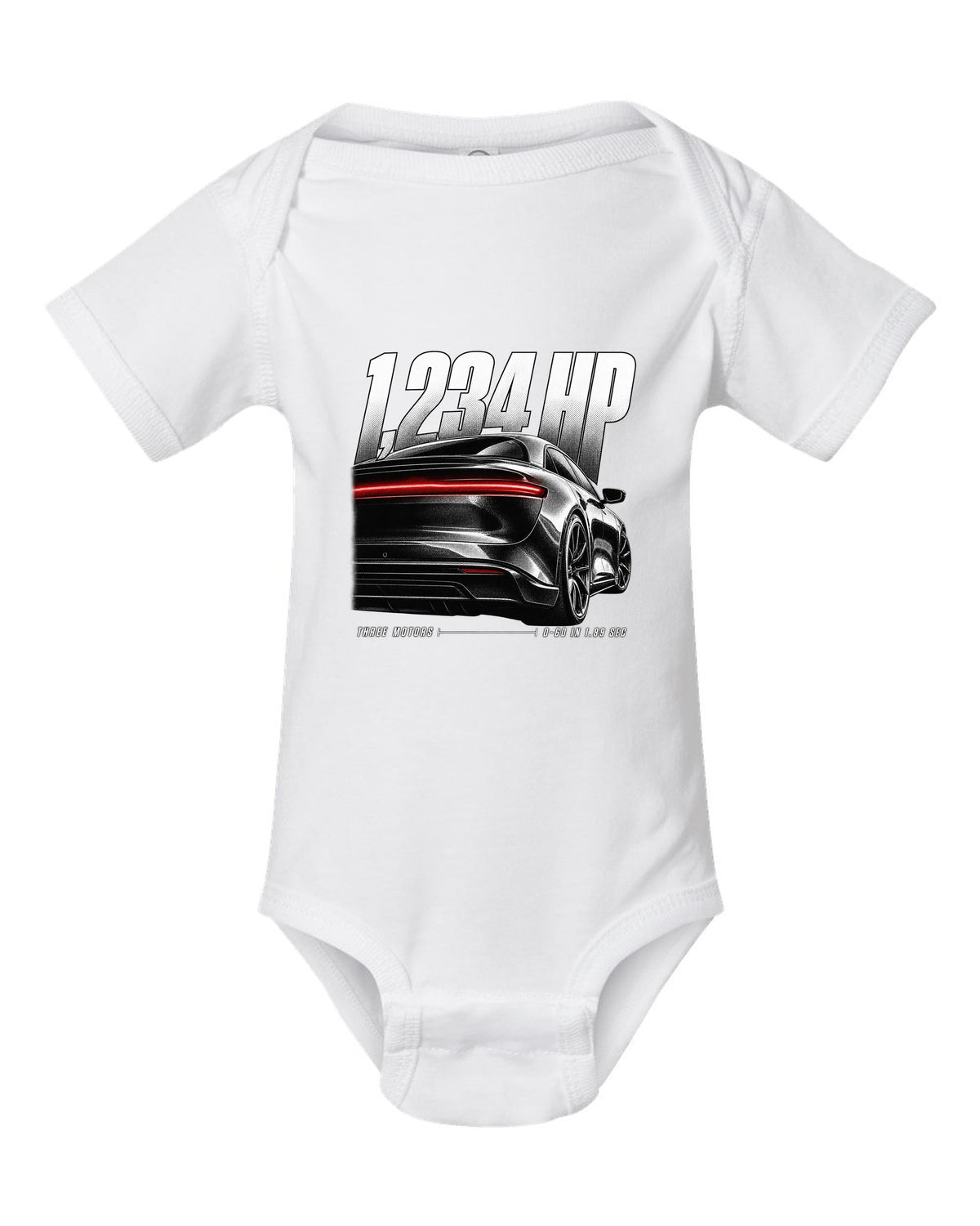 Rear detail macro of Lucid Air Sapphire 2023 with light slit and performance figures white baby onesie front view with the design