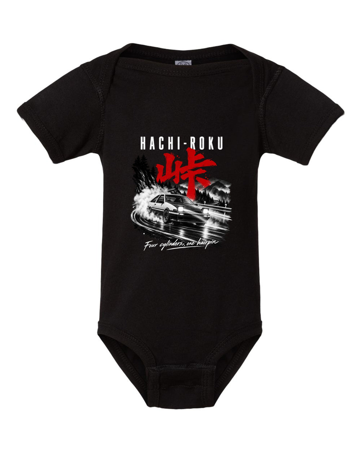 print of a Toyota AE86 Sprinter Trueno on a night touge with Hachi-Roku lettering and a hairpin bend black baby onesie front view with the design