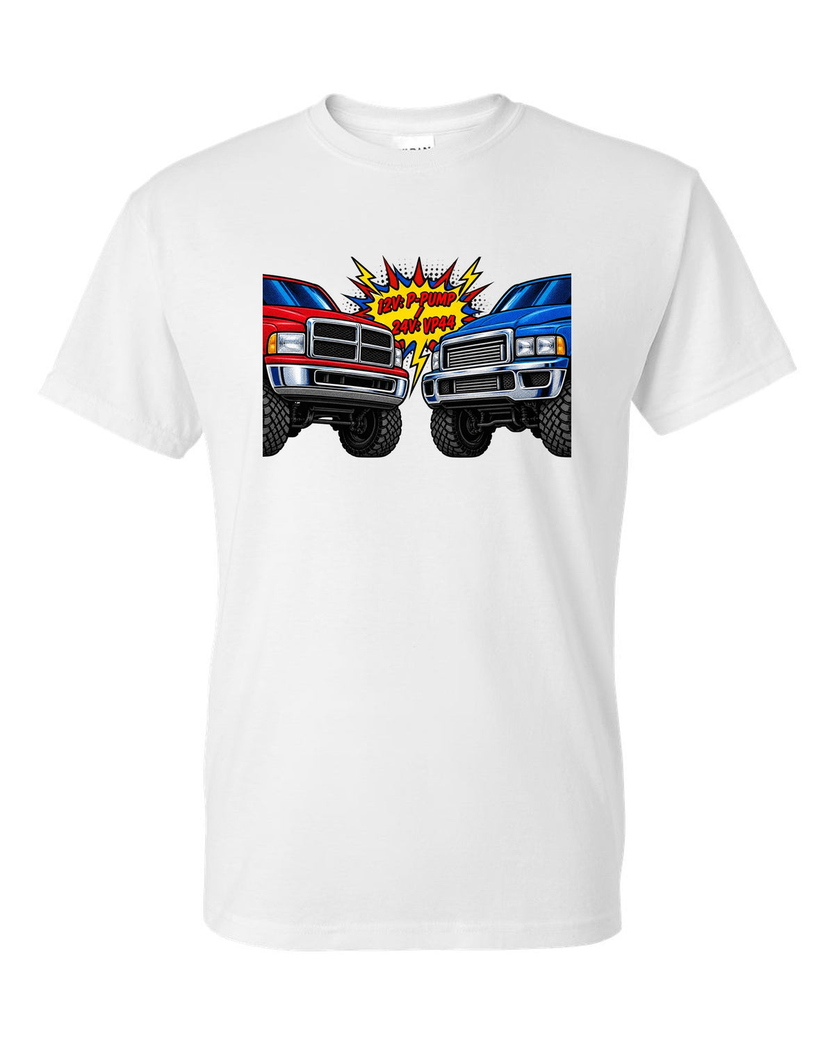Comic halftone print comparing the 12V P-pump and 24V VP44 Cummins in a Ram 2500 white t-shirt front view with the design