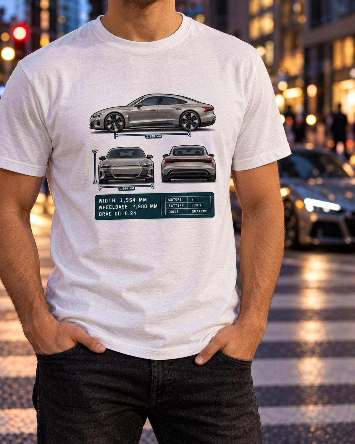 Audi RS e-tron GT Three-View Spec Table Tee, Cd 0.24 Car Shirt T-Shirt White worn hero