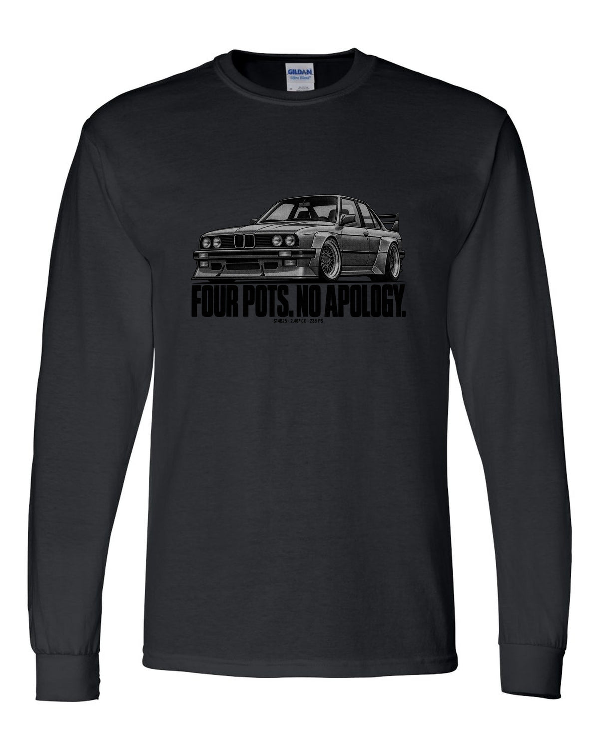BMW E30 M3 Sport Evo halftone print with S14B25 2,467 cc and 238 PS text black long sleeve front view with the design
