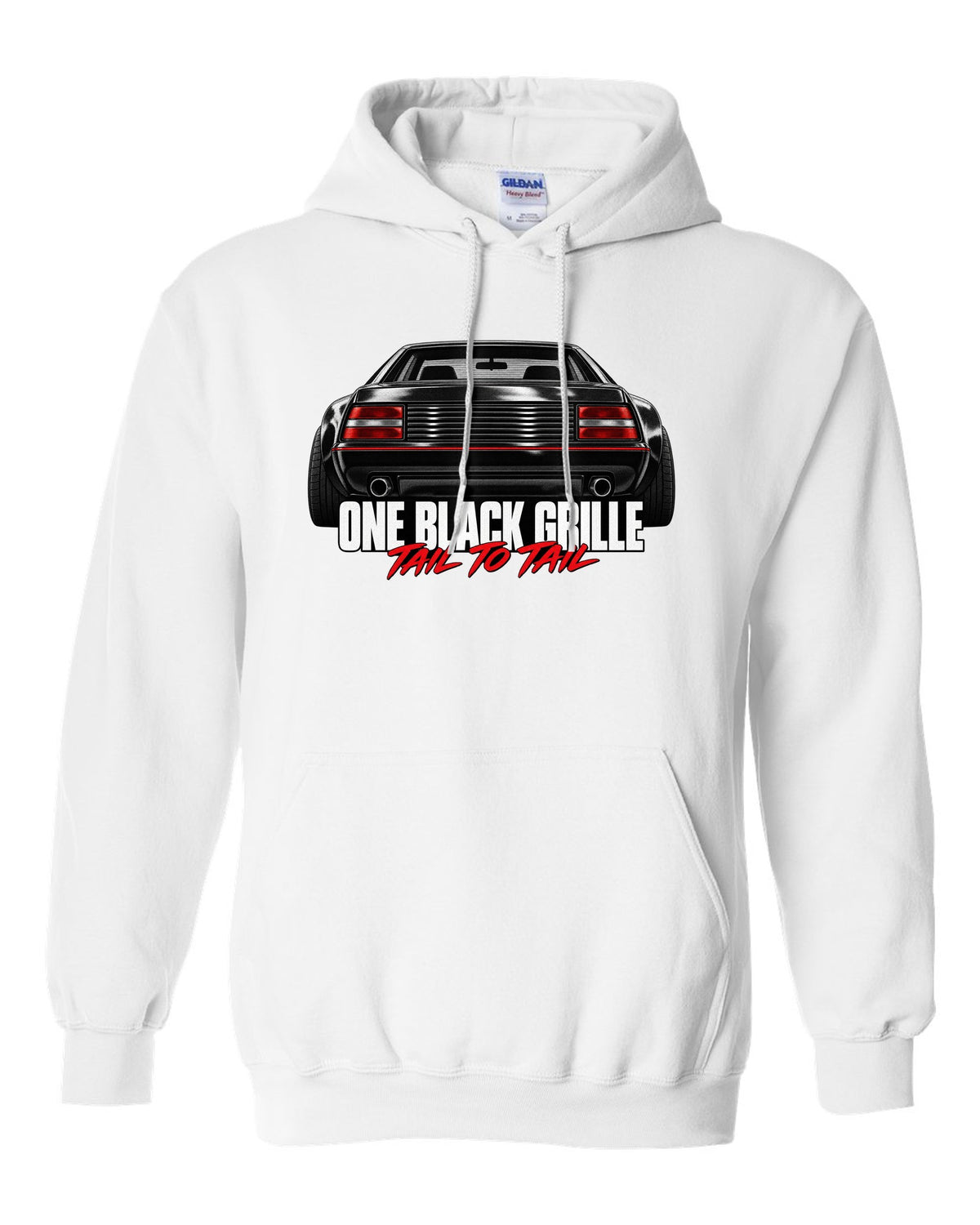 Macro print of the Ferrari Testarossa F110 rear grille with the line One Black Grille, Tail to Tail white pull over hoodie front view with the design