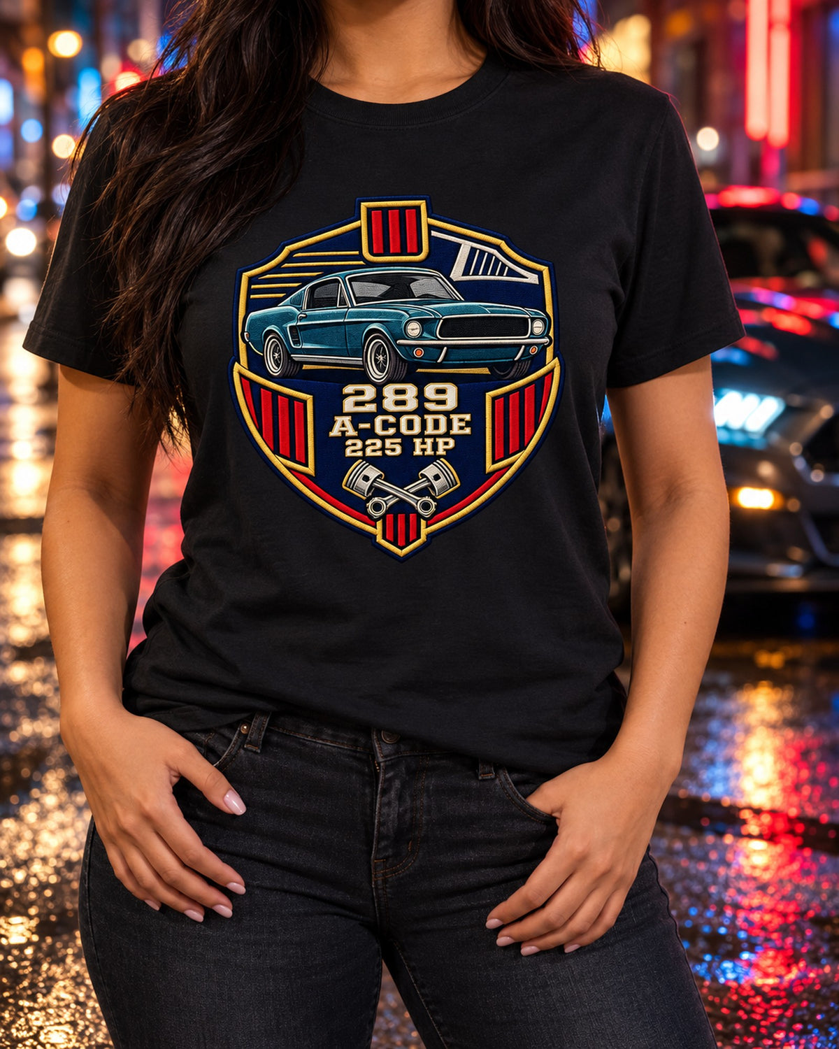 1967 Ford Mustang Fastback A-Code 289 Varsity Crest Shirt T-Shirt Black worn hero