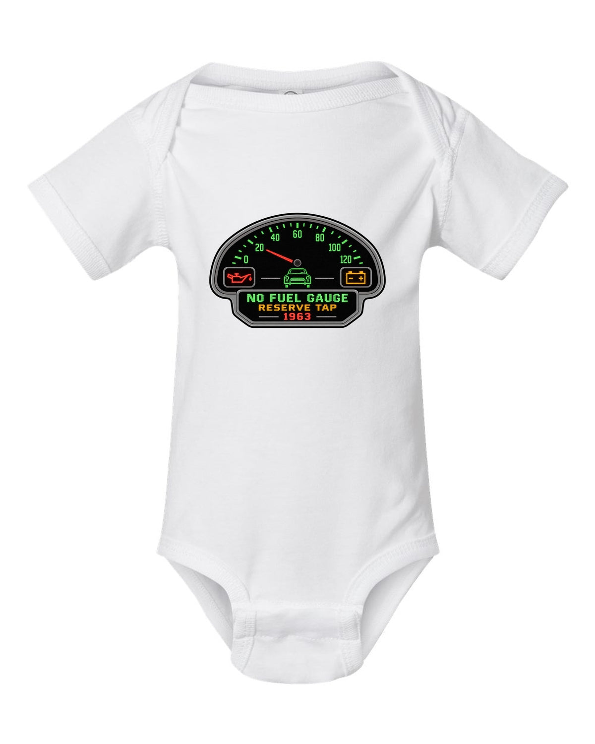 Pixel LED segmented display print of a 1963 VW Beetle Type 1 dashboard with fuel gauge joke white baby onesie front view with the design