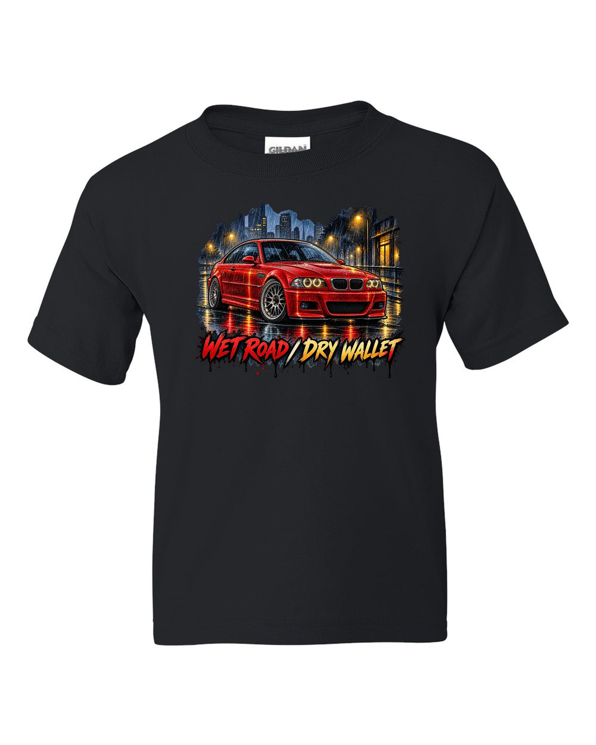 Watercolour wet-road night illustration of a BMW E46 M3 coupe with wet road dry wallet text black kids tee front view with the design