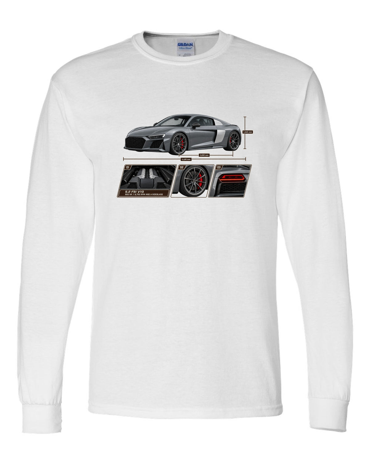Dossier panel print of a Nardo grey Audi R8 V10 Performance white long sleeve front view with the design
