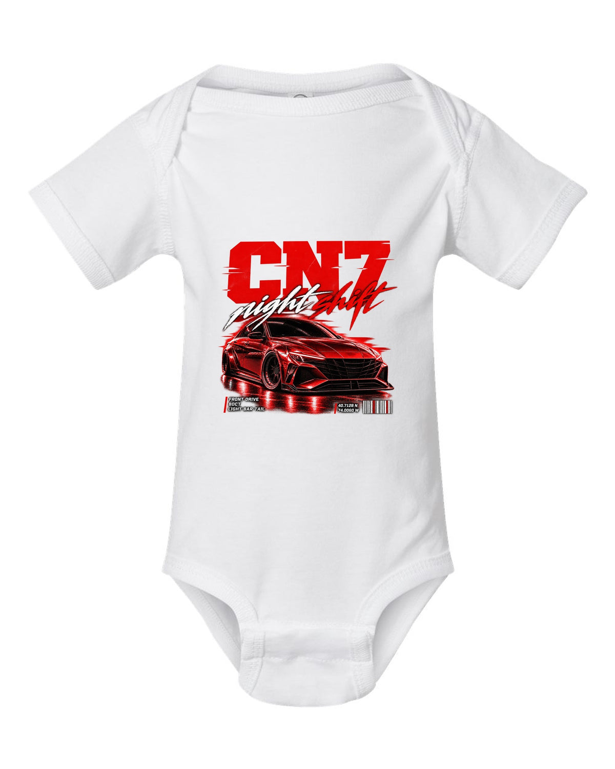 Hyundai Elantra N CN7 street poster print with night shift text and coordinates white baby onesie front view with the design