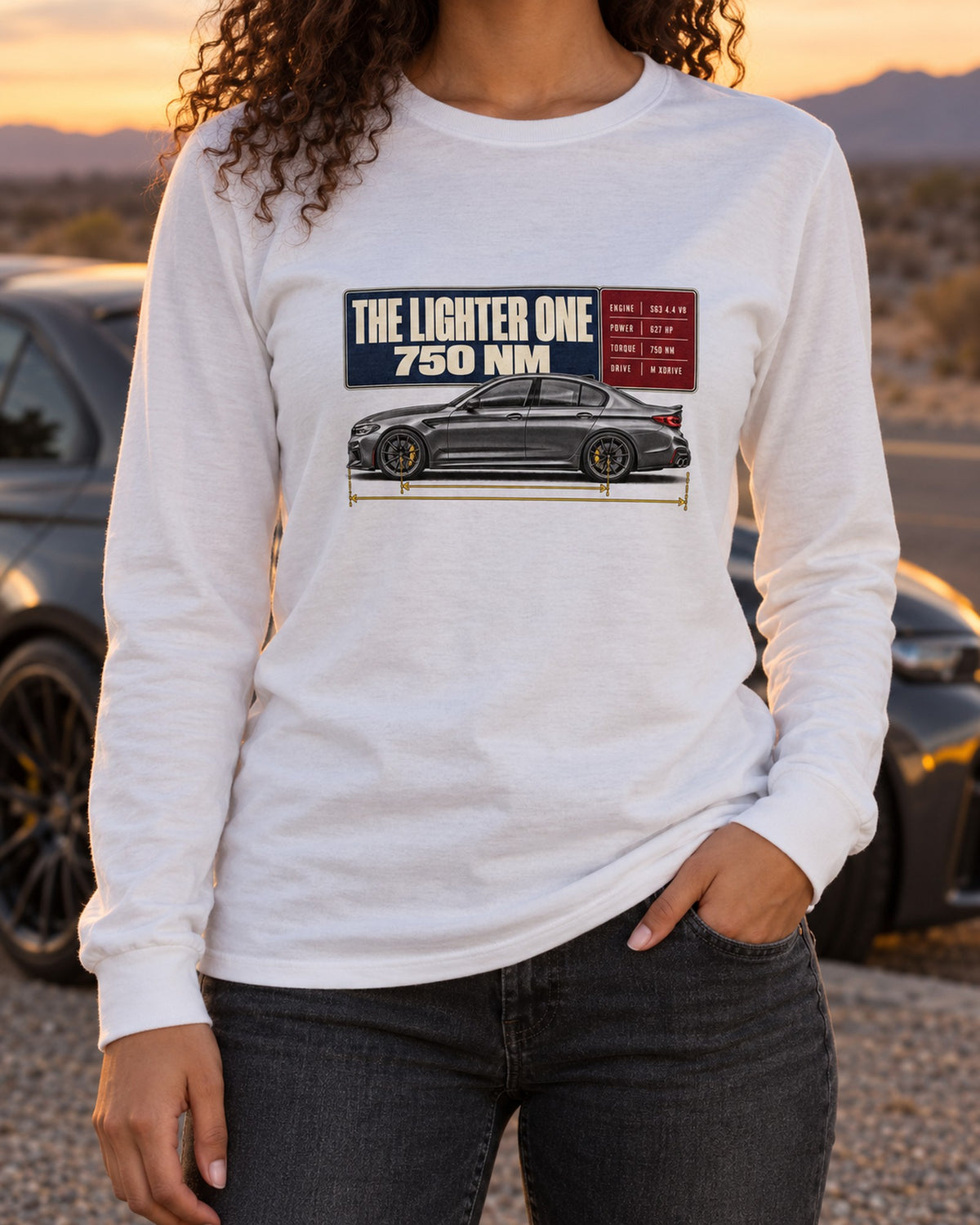 BMW M5 F90 CS Spec Poster Tee, The Lighter One Long Sleeve White worn hero