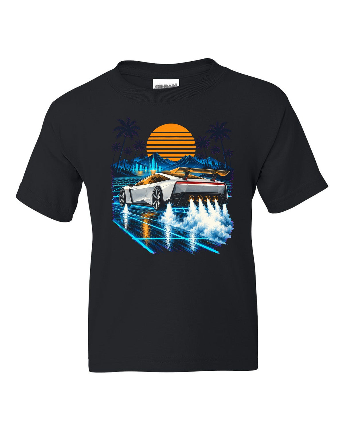 Tesla Roadster Synthwave Kids Tee Black front