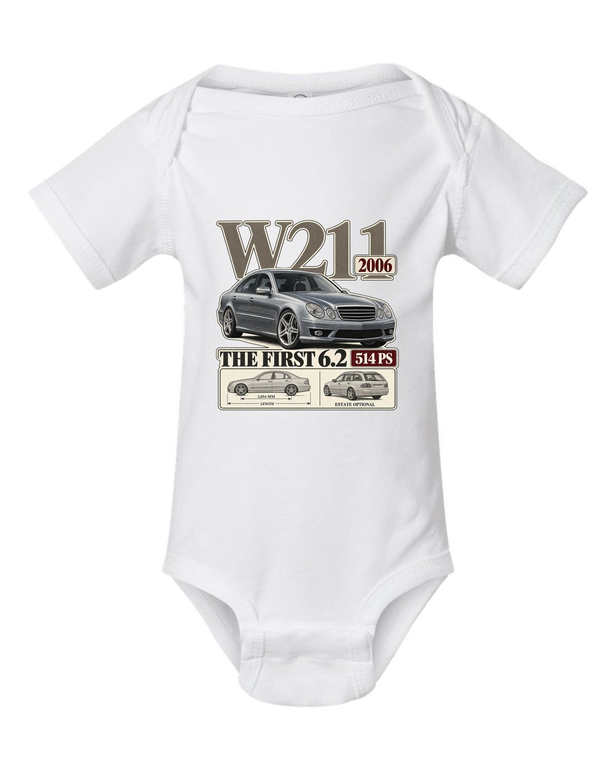 Archive panel print of a silver Mercedes-AMG E63 W211 sedan white baby onesie front view with the design