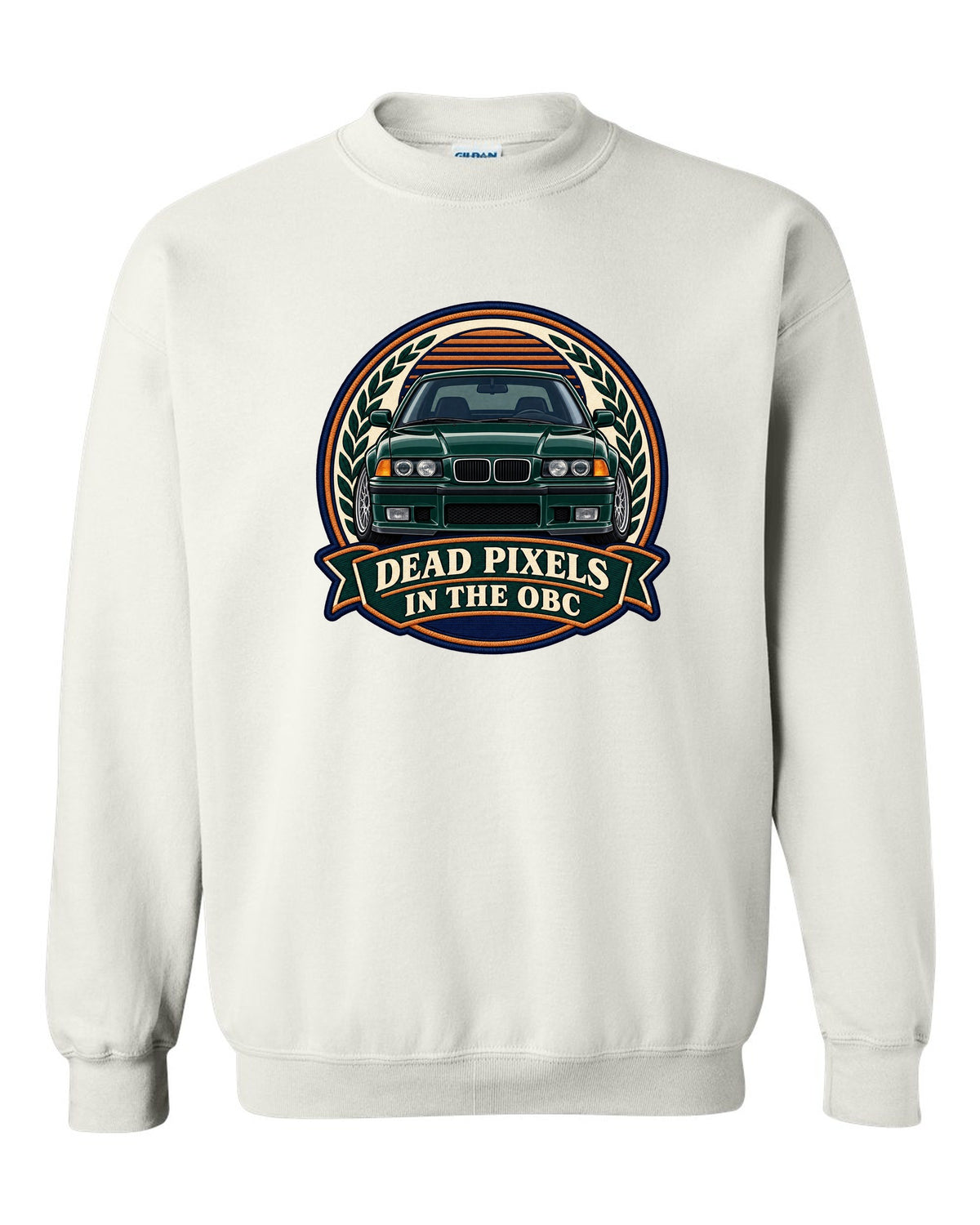 Varsity crest style print of a BMW E36 M3 coupe with dead pixels in the OBC text white crewneck front view with the design