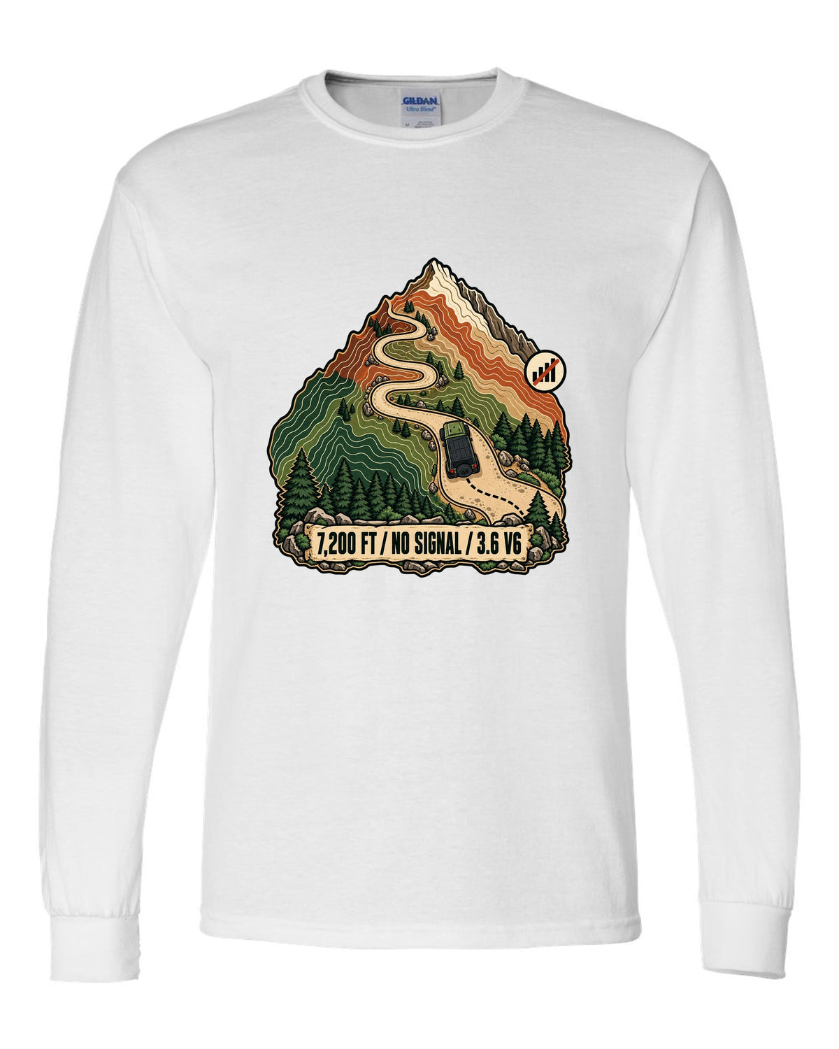 Topographic route map illustration of mountain switchbacks for a Jeep Wrangler JK with 7,200 FT NO SIGNAL 3.6 V6 lettering white long sleeve front view with the design