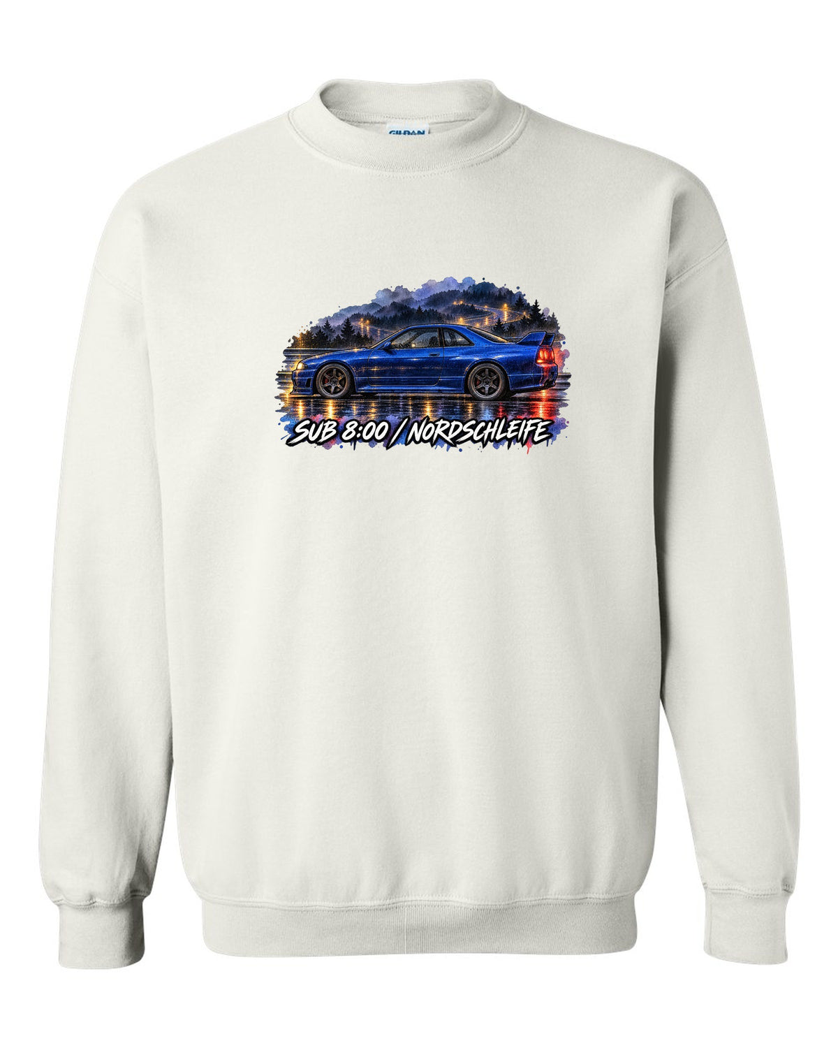Watercolour wet-road night print of a Champion Blue Nissan Skyline GT-R R33 BCNR33 white crewneck front view with the design