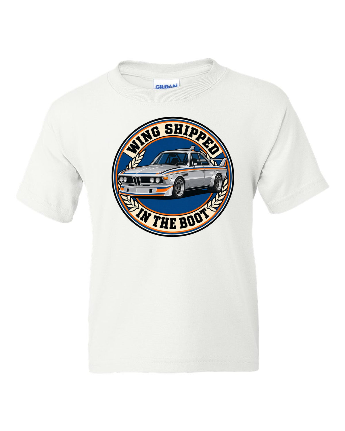 Embroidery-style varsity crest print of a BMW 3.0 CSL E9 with wing in the boot text white kids tee front view with the design