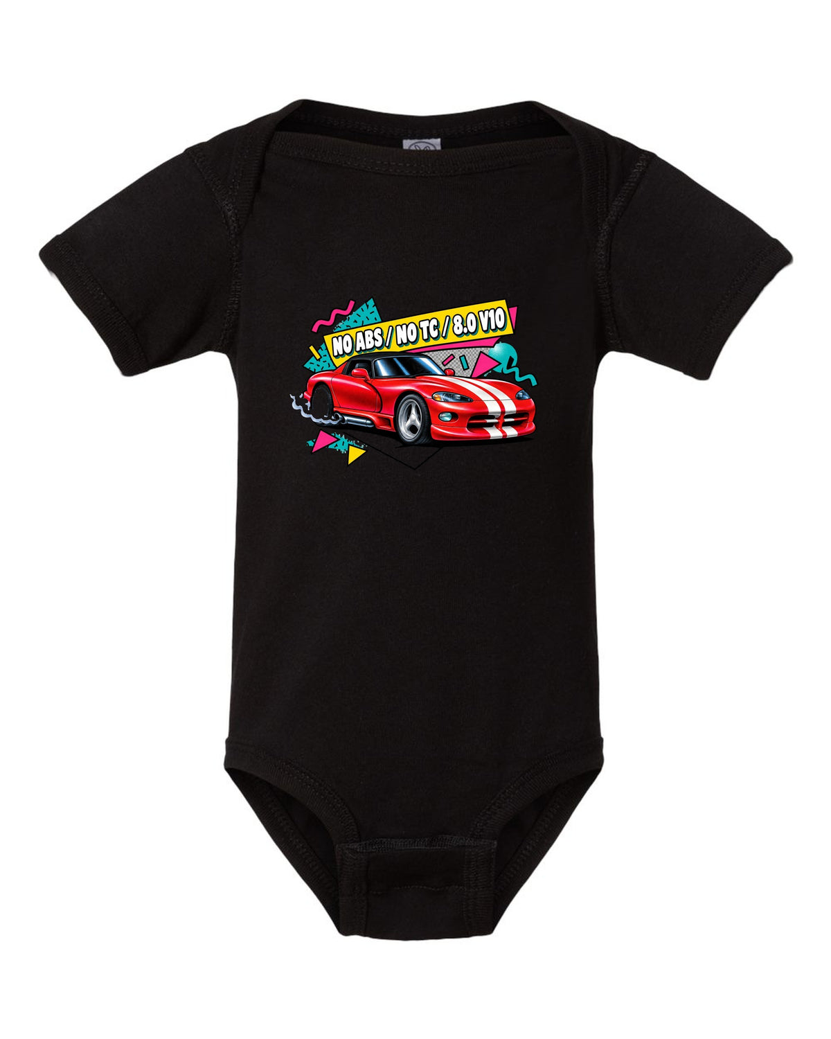 Airbrushed 90s Memphis grid design of a 1994 Dodge Viper RT/10 SR I black baby onesie front view with the design