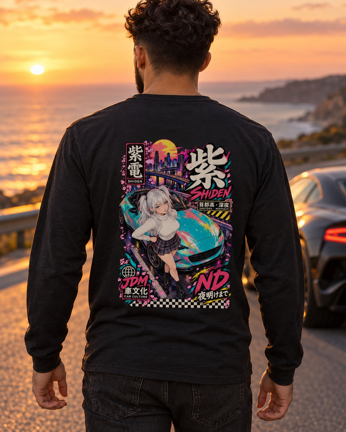 SHIDEN ND Anime Girl Full-Back Graphic Tee Long Sleeve Black worn hero