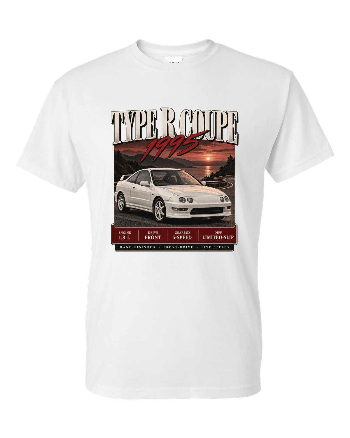 Honda Integra DC2 Type R coupe archive panel design labelled The Teg white t-shirt front view with the design