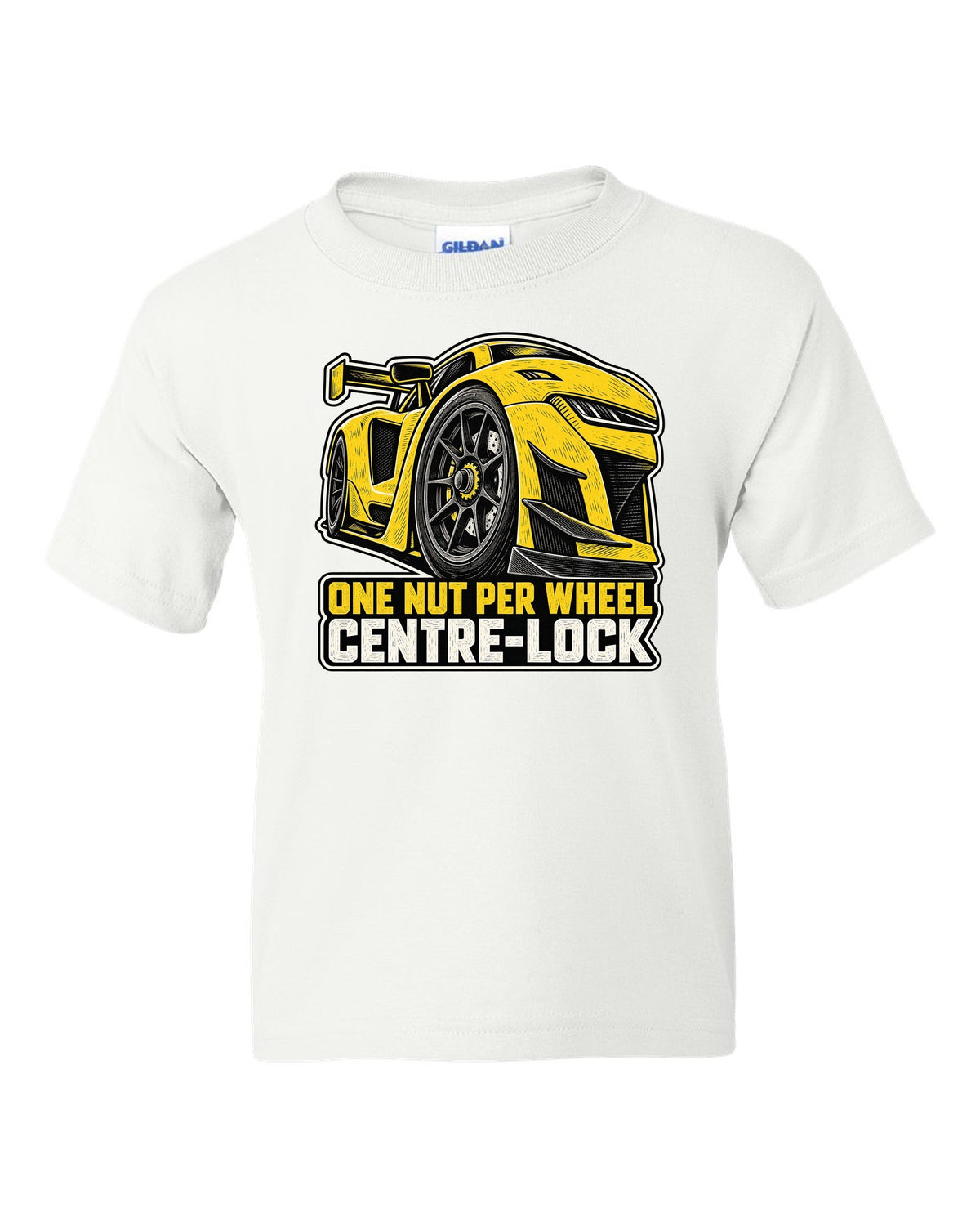 Risograph duotone design of a Corvette C8.R race car with large rear wing white kids tee front view with the design