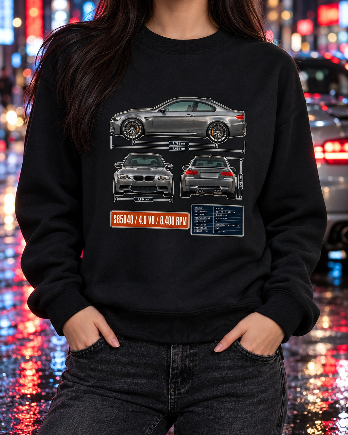 BMW M3 E92 V8 Three-View Spec Table Tee Crewneck Black worn hero