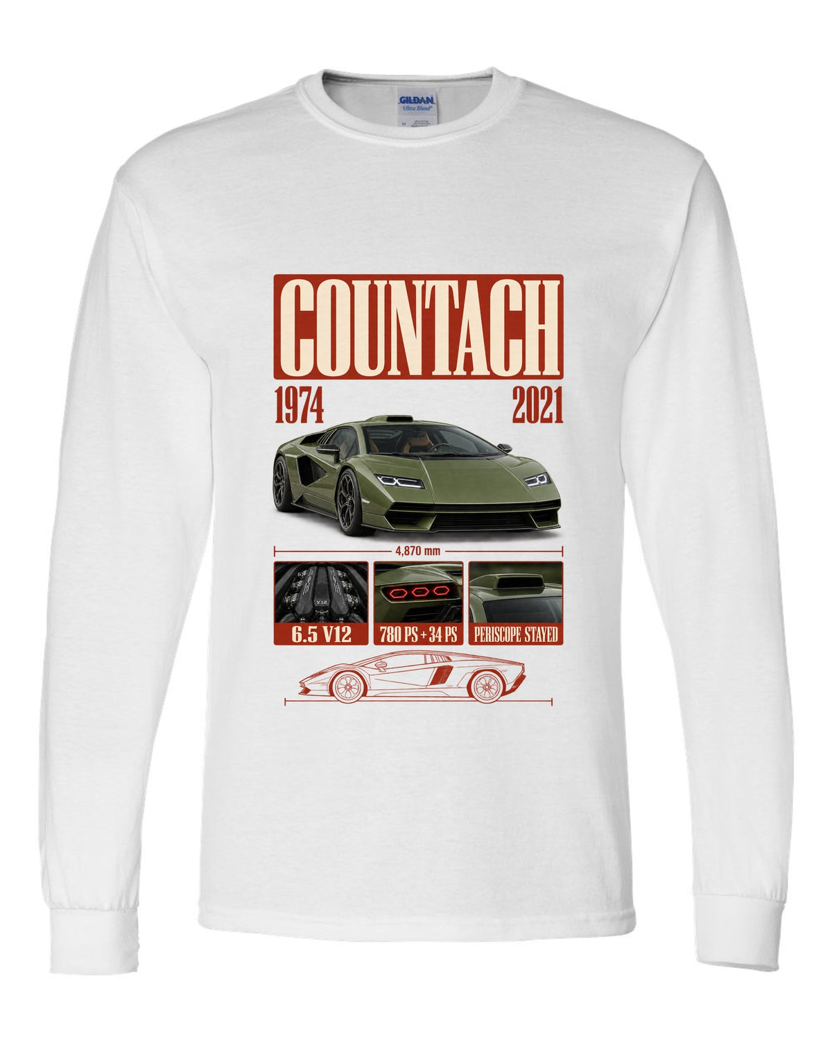 Lamborghini Countach LPI 800-4 archive panel print covering 1974 to 2021 with V12 specs white long sleeve front view with the design