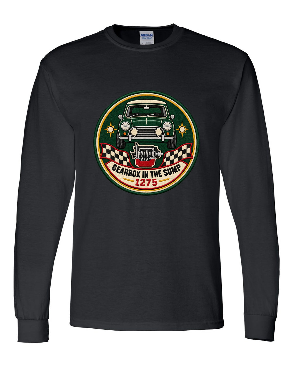 Round crest for the classic Mini Cooper S ADO15 with gearbox in the sump lettering black long sleeve front view with the design