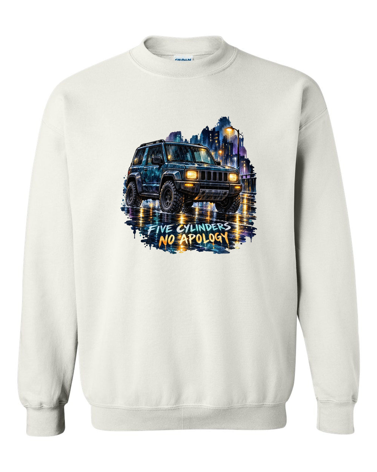 Watercolour wash wet street scene with a 2006-2010 Hummer H3 and FIVE CYLINDERS / NO APOLOGY text white crewneck front view with the design