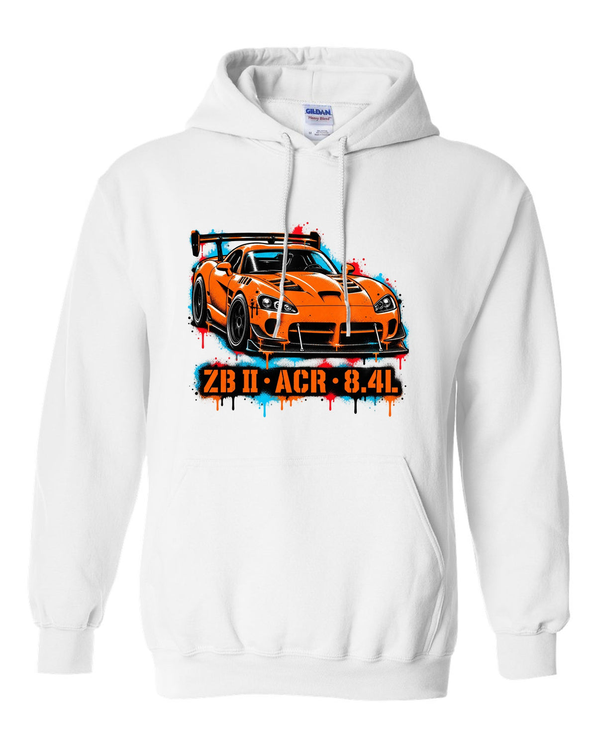 Stencil spray street art of a 2008 Dodge Viper ACR with large rear wing, ZB II ACR 8.4L lettering white pull over hoodie front view with the design