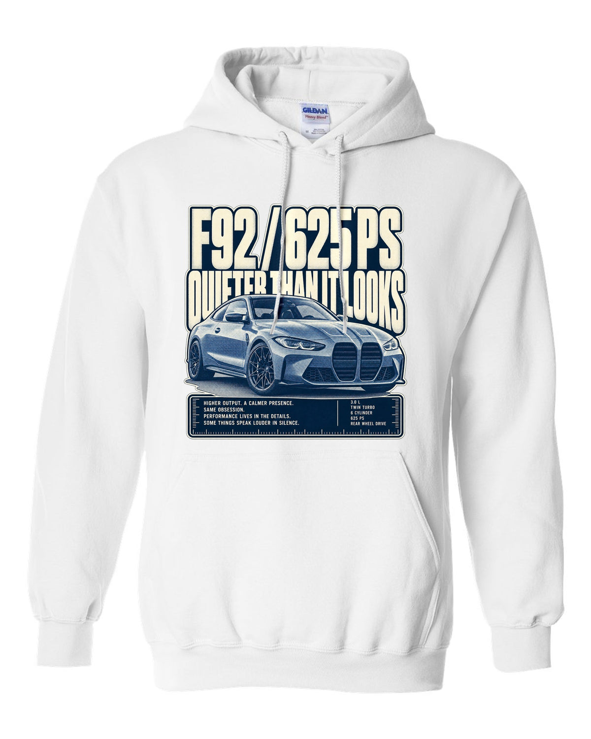 BMW M8 Competition F92 halftone statement print on a tee white pull over hoodie front view with the design