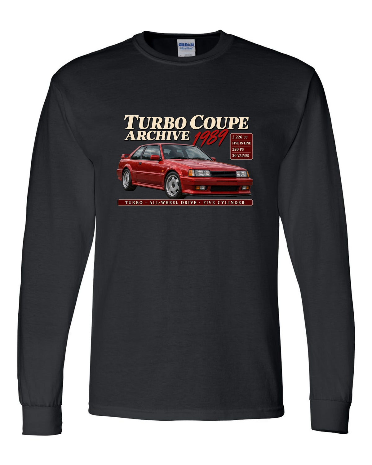 Audi Ur-Quattro 20V 1989 front three-quarter in archive panel with 2,226 cc text black long sleeve front view with the design