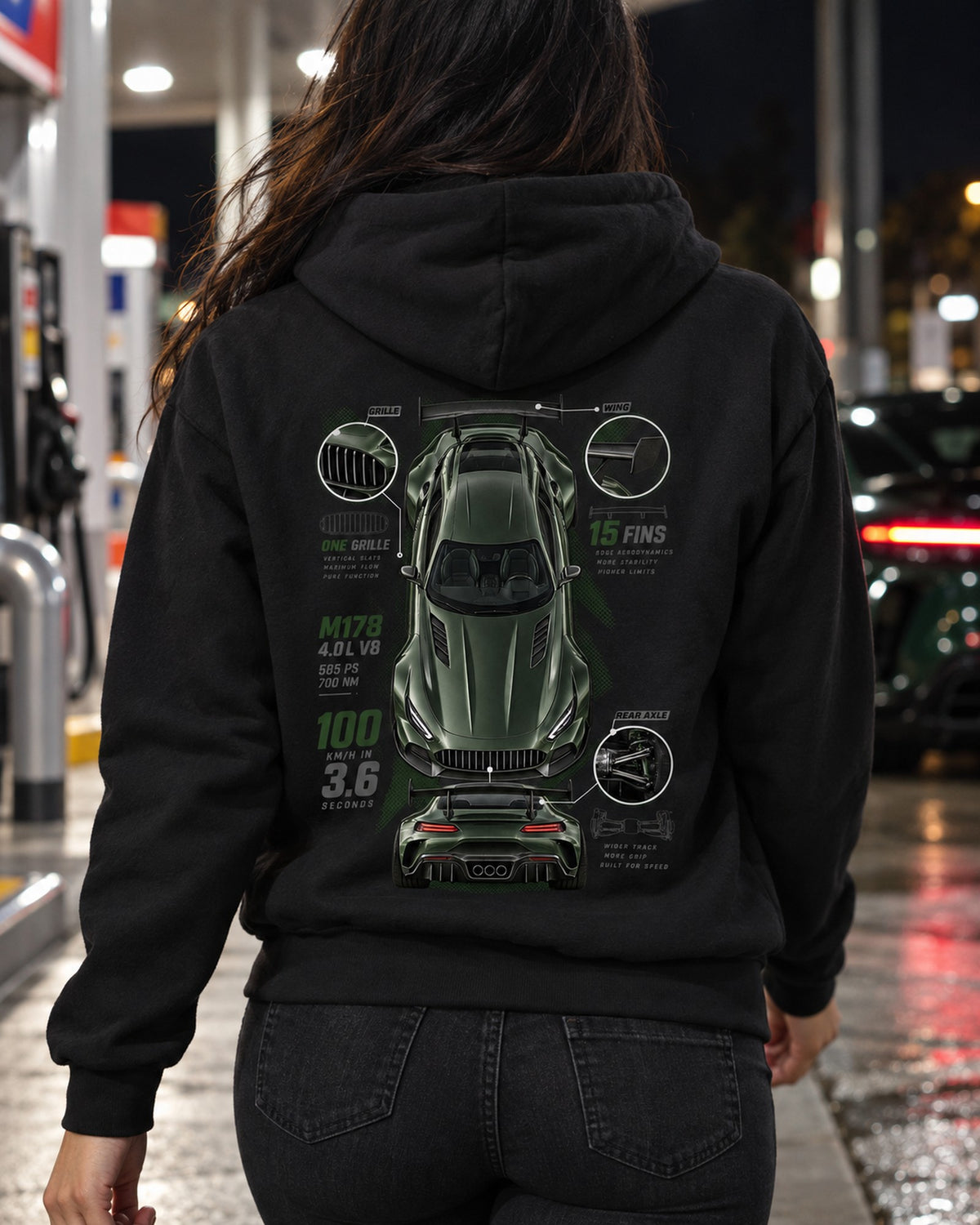 Mercedes-AMG GT R C190 Spec Poster Shirt, Fifteen Fins Zip Hoodie Black worn hero