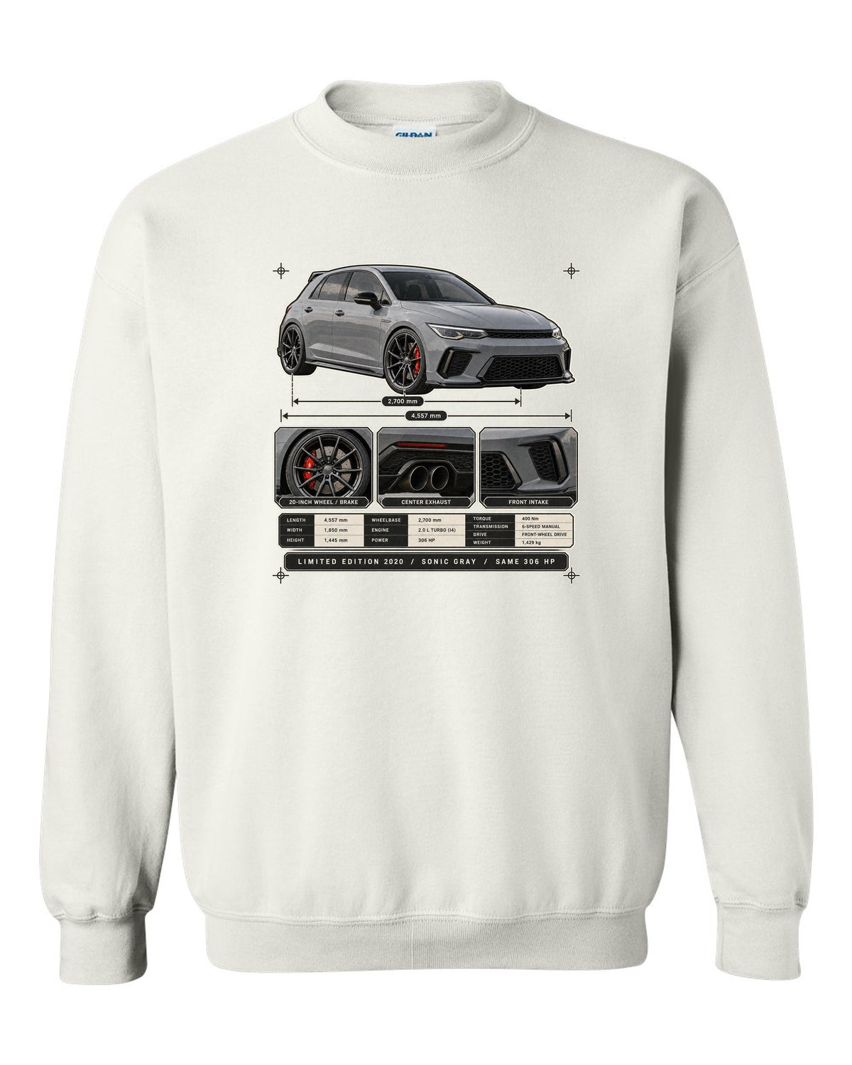 Dossier panel print of a Sonic Gray Pearl Honda Civic Type R FK8 Limited Edition white crewneck front view with the design