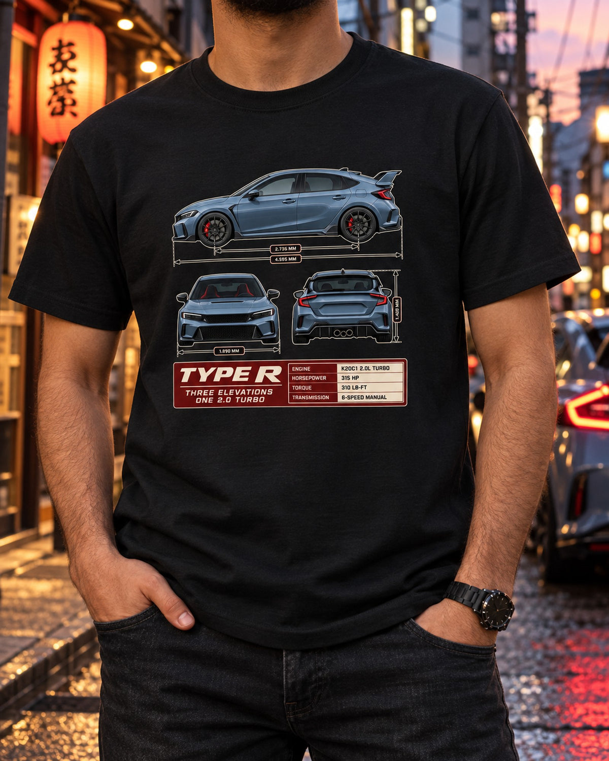 Civic Type R FL5 Three-View Spec Sheet Tee for Car Guys T-Shirt Black worn hero