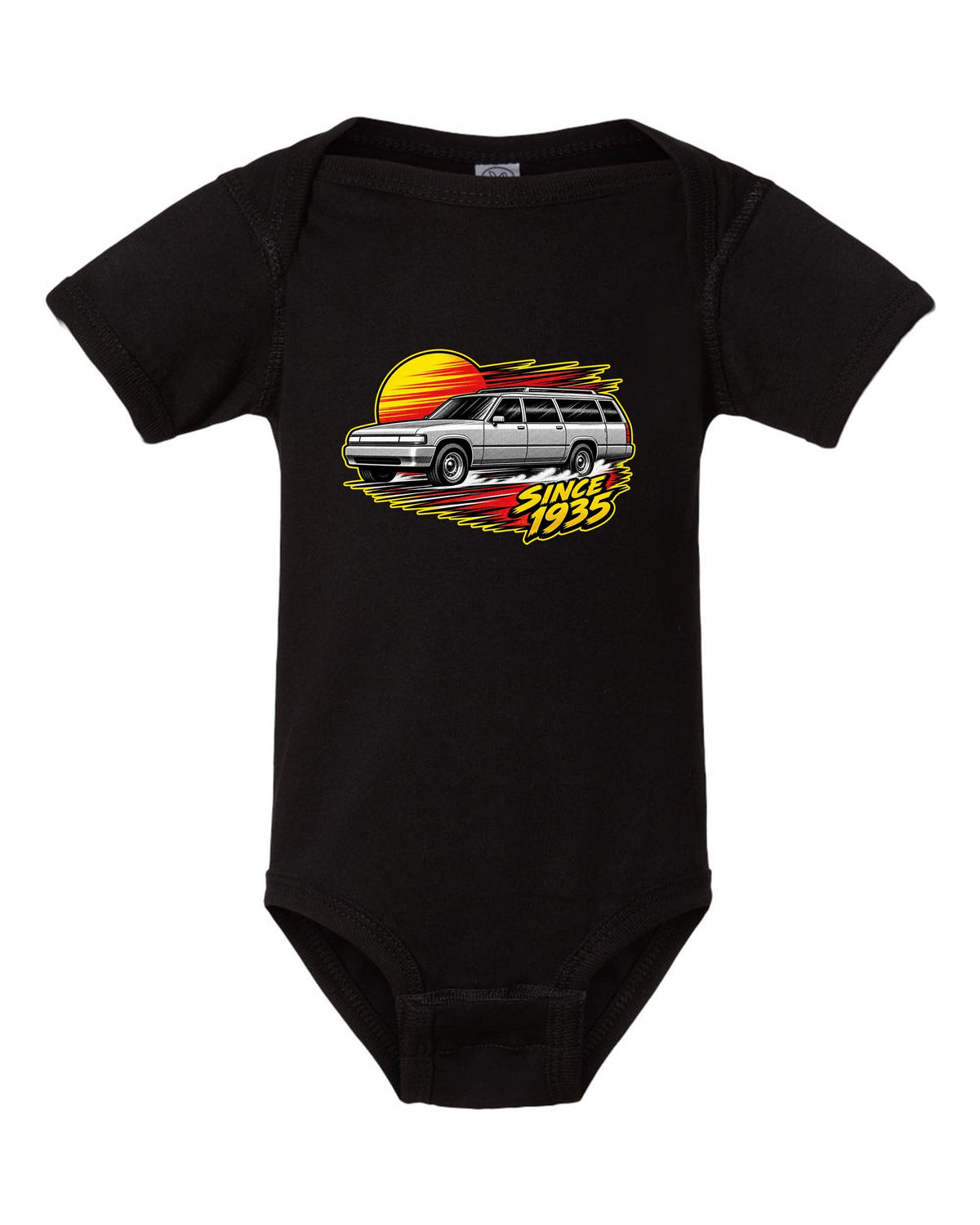 Retro manga halftone panel print of a 1992-1999 Chevrolet Suburban GMT400 with Since 1935 text black baby onesie front view with the design