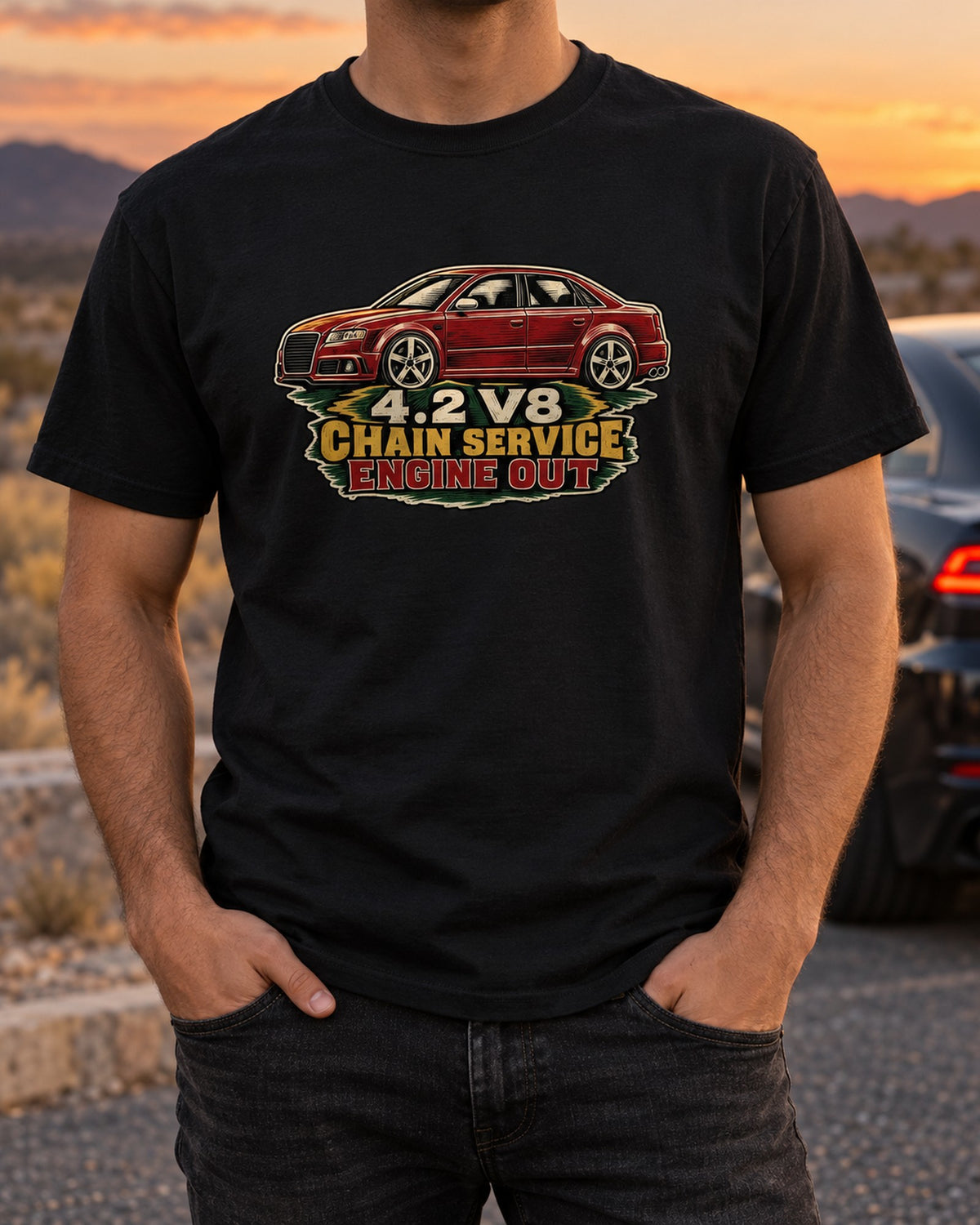 Audi S4 B7 Linocut Shirt, 4.2 V8 Chain Service Engine Out T-Shirt Black worn hero
