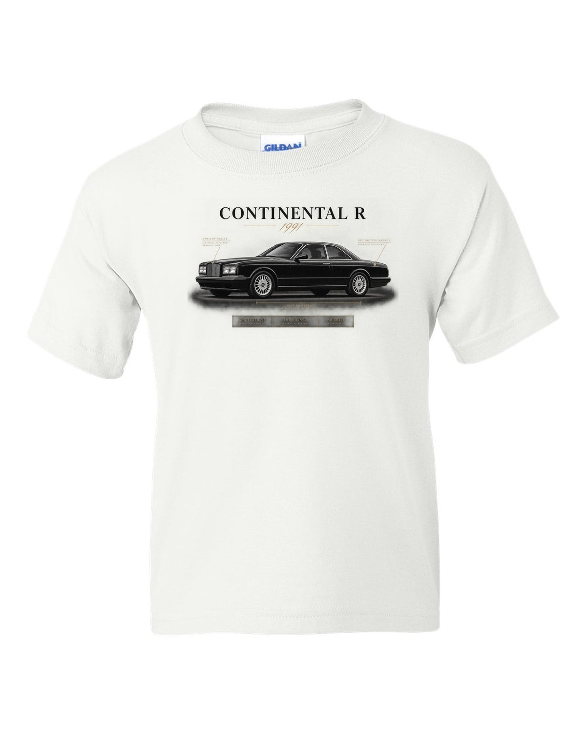 Bentley Continental R 1991 spec poster with 6.75 turbo V8 white kids tee front view with the design