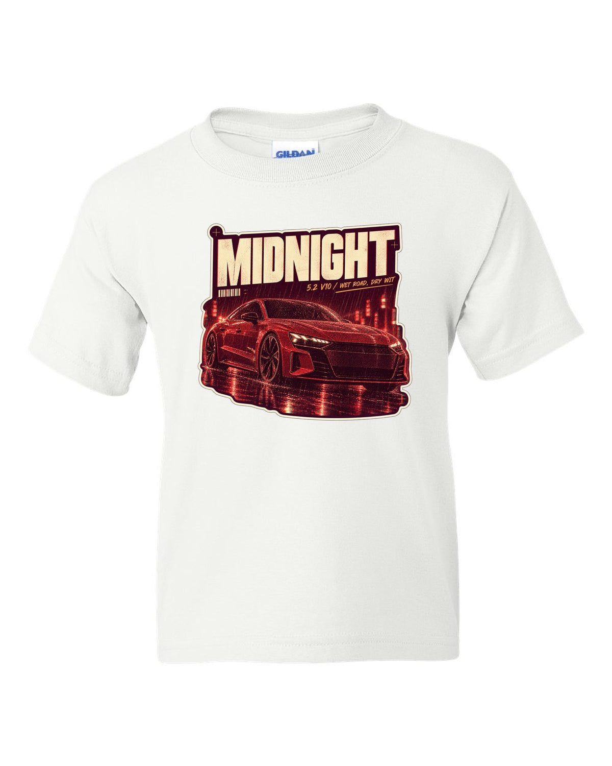 Audi R8 V10 performance on a wet night street print design white kids tee front view with the design