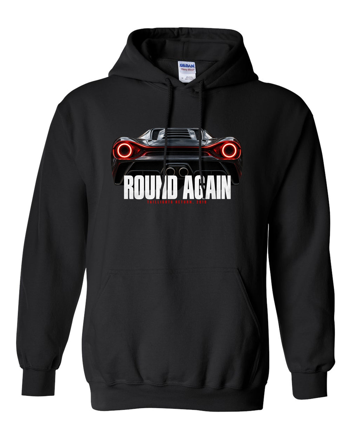Macro print of Ferrari F8 Tributo round taillights with the text Round Again, Taillights Return, 2019 black pull over hoodie front view with the design