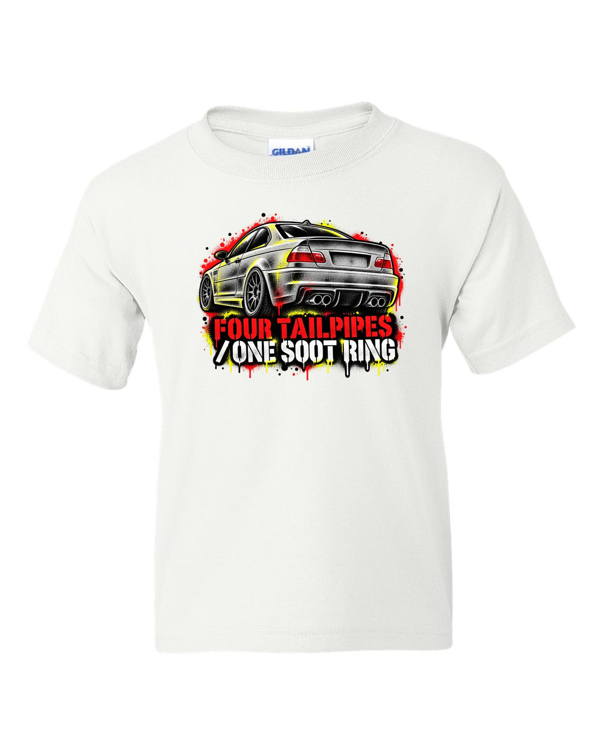 Stencil spray street art of four tailpipes on a BMW E46 M3 coupe with soot ring text white kids tee front view with the design