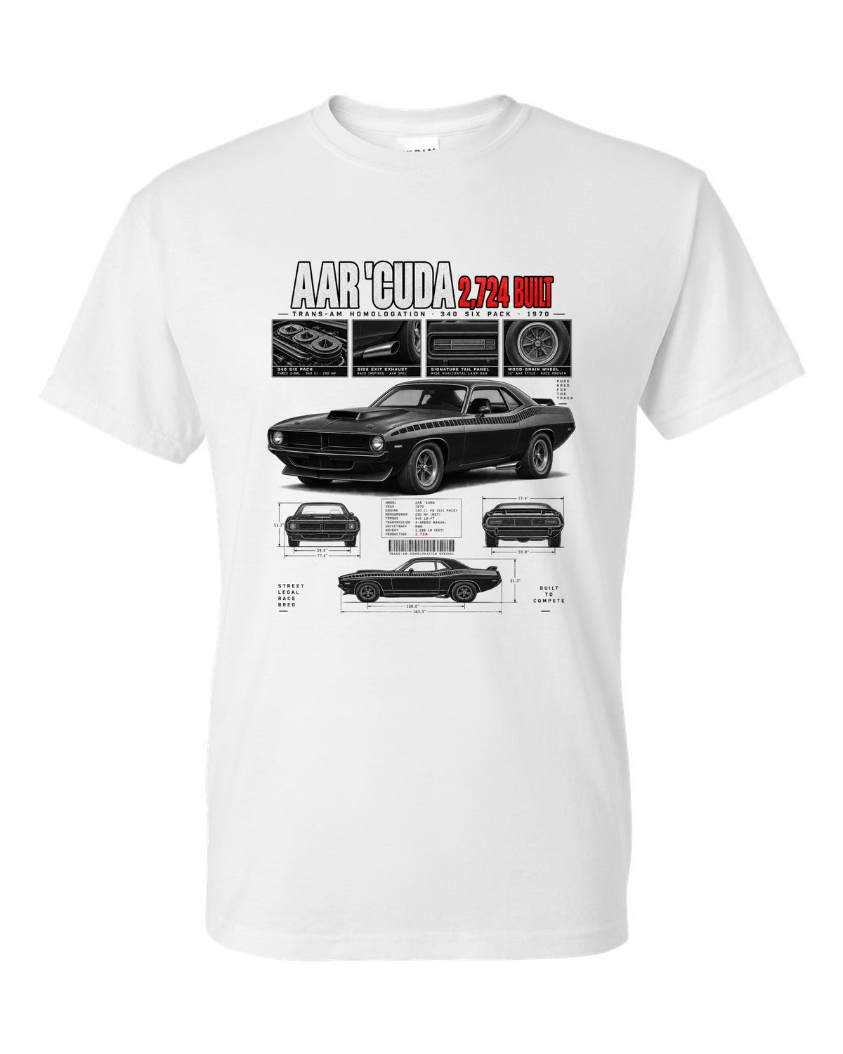1970 Plymouth AAR Cuda E-body Dossier, 2,724 Built Tee white t-shirt front view with the design