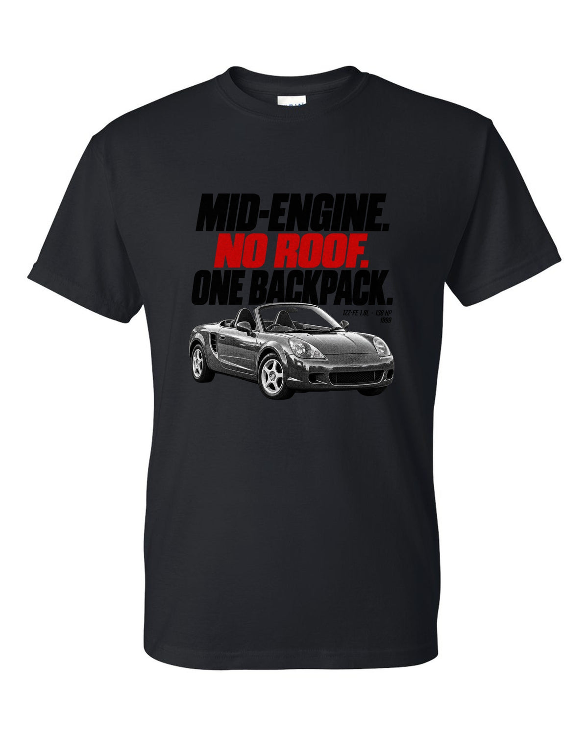 Halftone print of a Toyota MR2 Spyder W30 MR-S with the text Mid-Engine No Roof One Backpack black t-shirt front view with the design