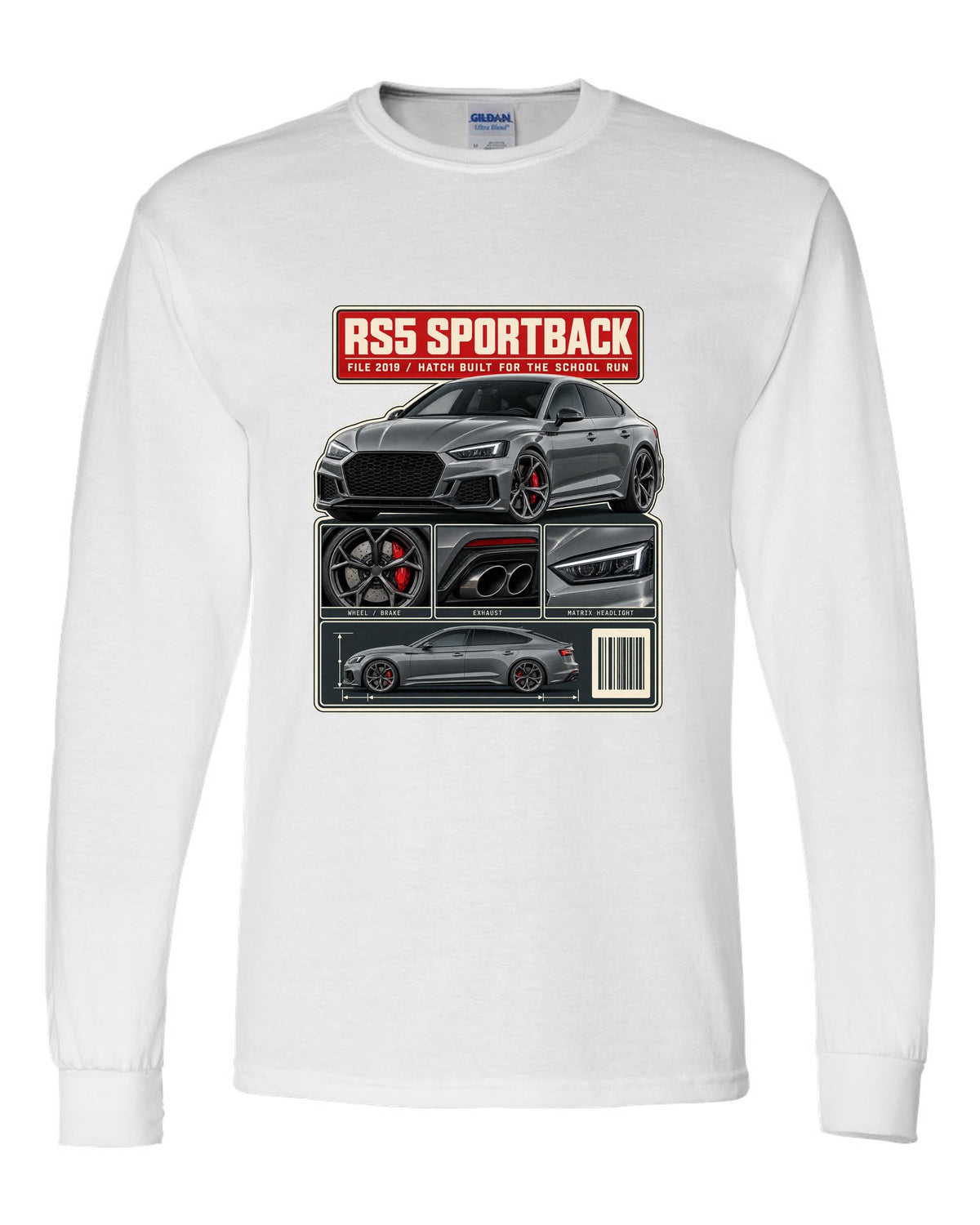 Audi RS5 Sportback B9 dossier panel print design white long sleeve front view with the design
