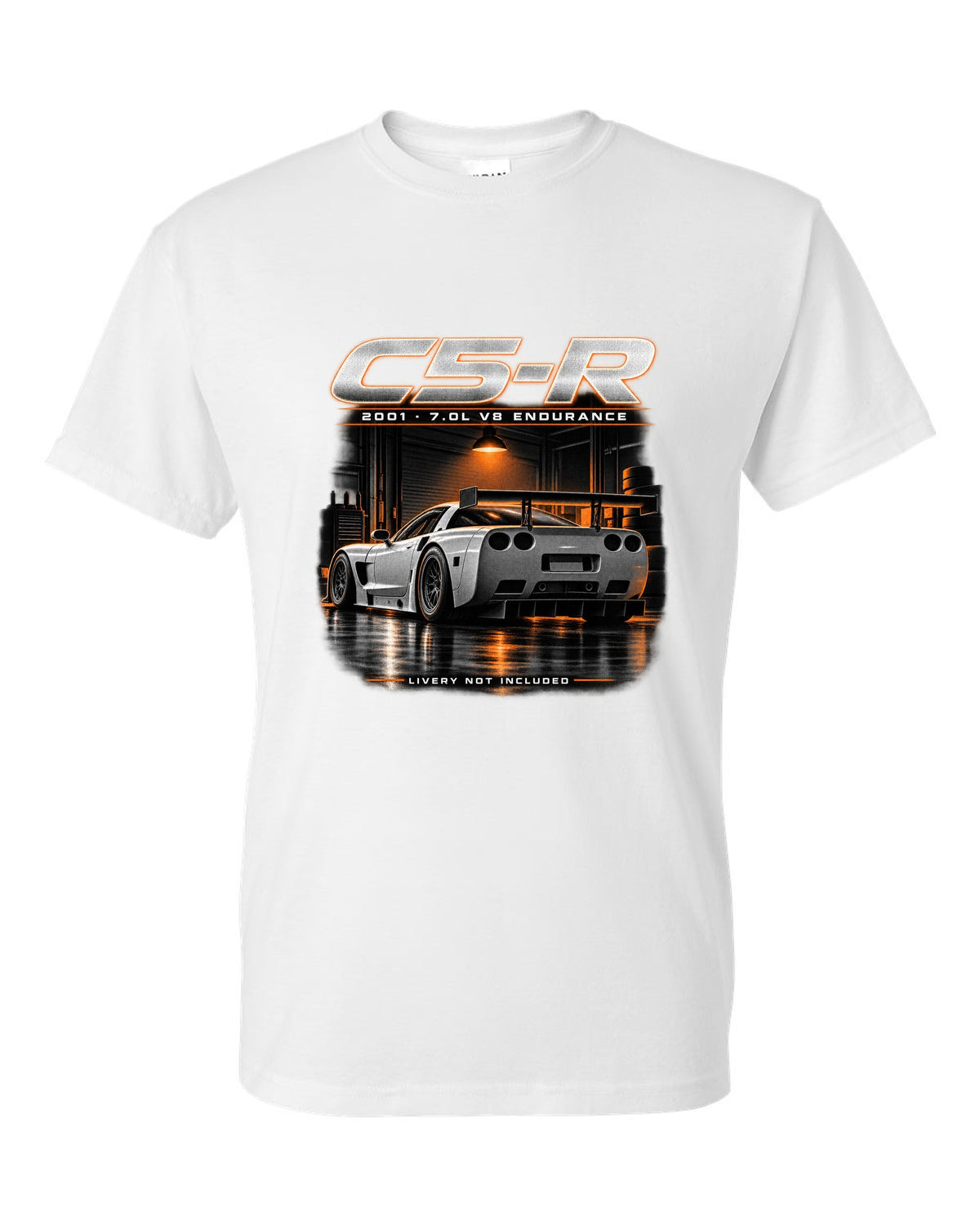 Corvette C5-R race car with big rear wing in a night garage white t-shirt front view with the design