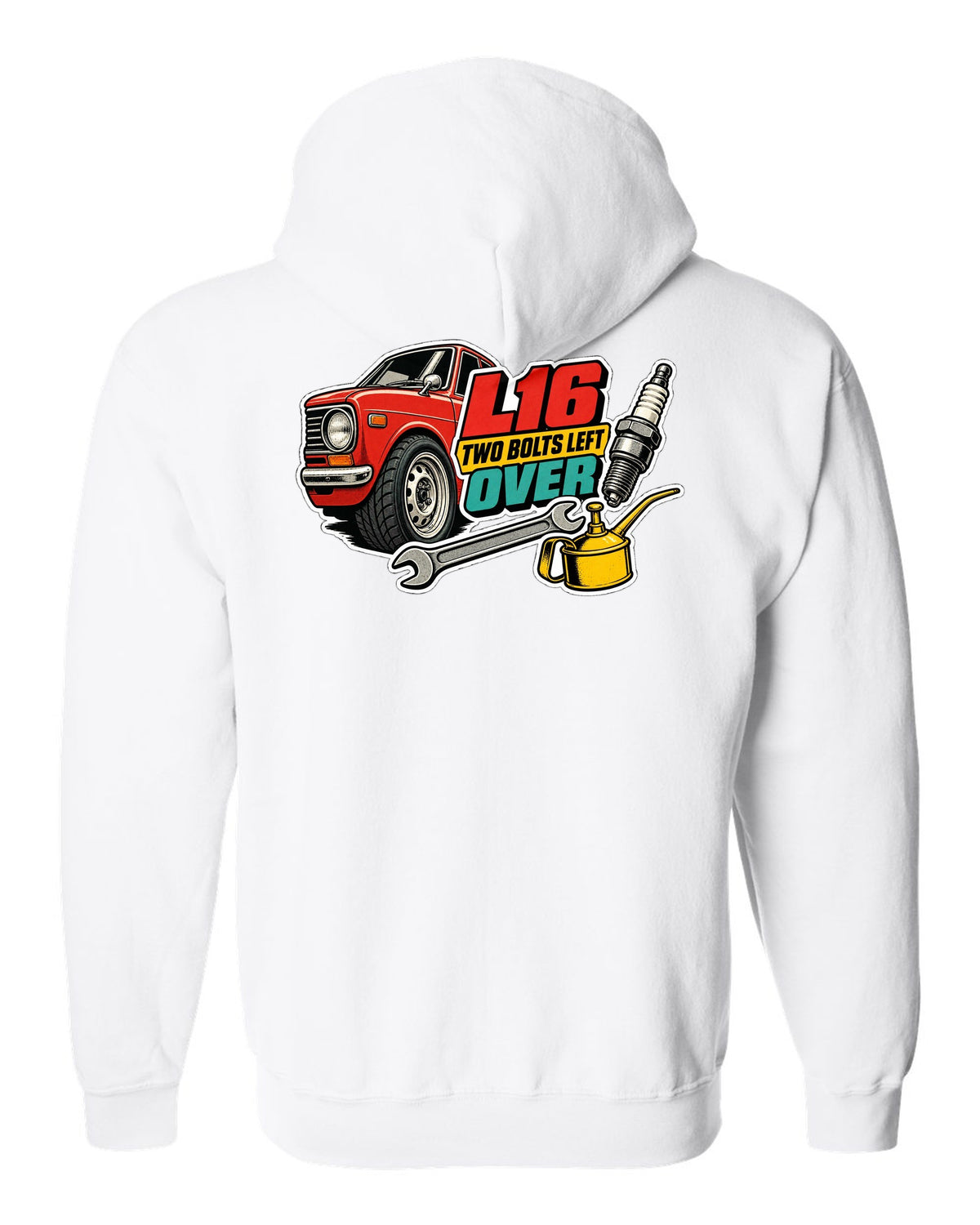 Datsun 510 wheel and fender sticker-bomb collage with L16 text on the front of a shirt white zip hoodie back view with the design