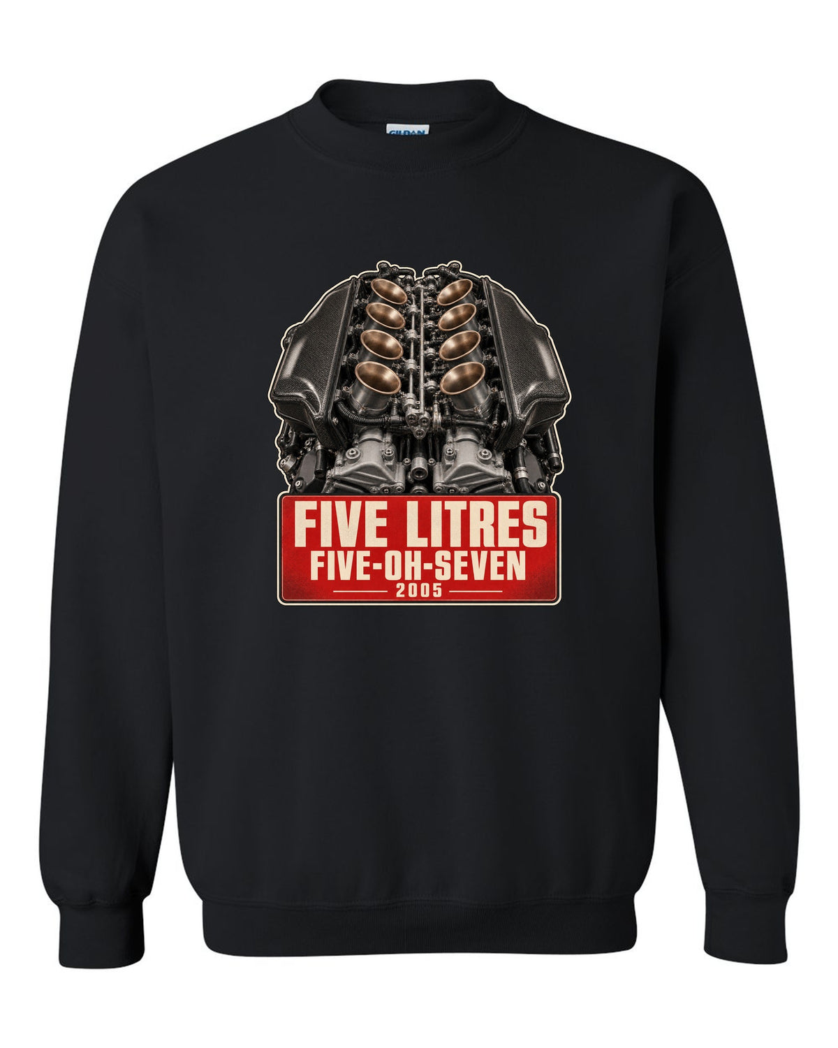 BMW M5 E60 S85 V10 engine poster-style print black crewneck front view with the design