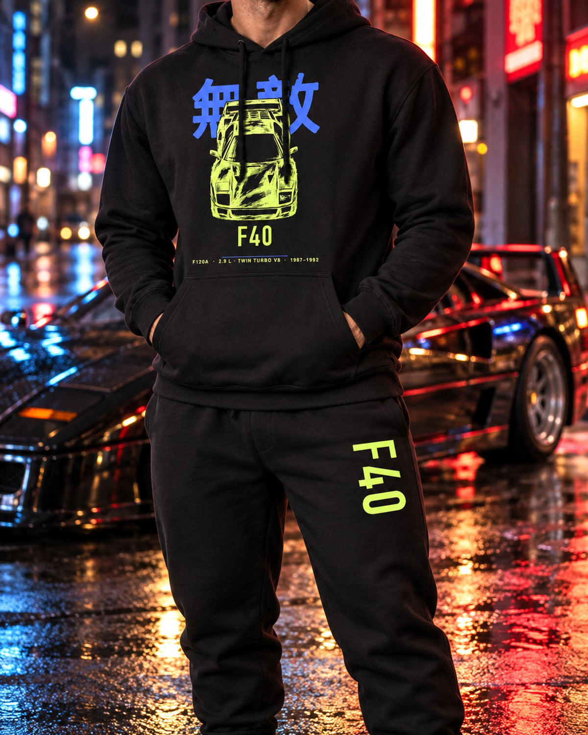 F40 Chassis Code Hoodie + Jogger Set Black worn hero