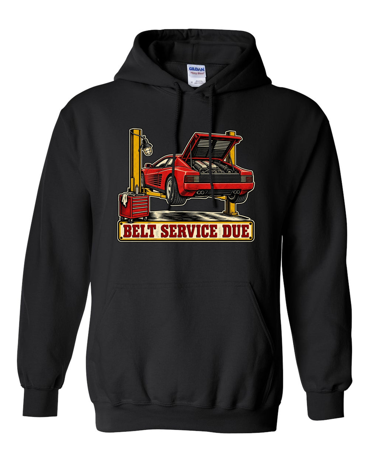 Two-colour linocut of Ferrari Testarossa with belt service due text black pull over hoodie front view with the design
